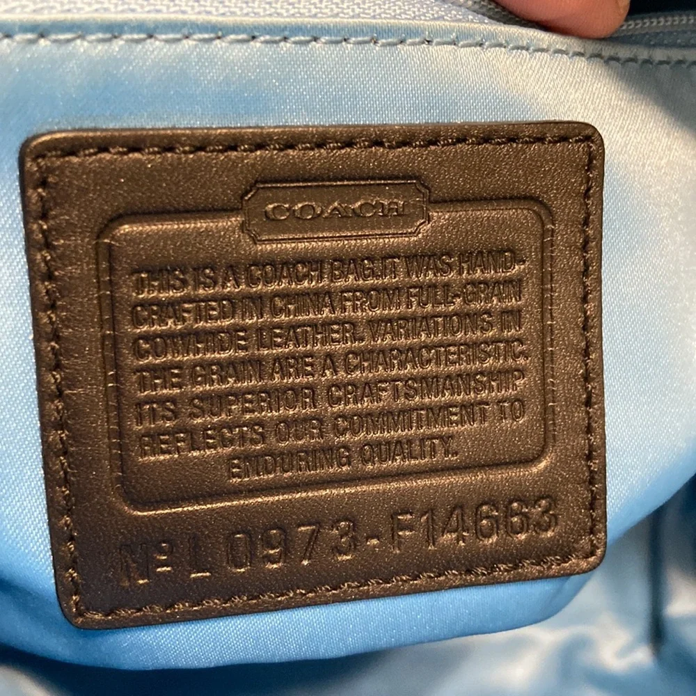 Coach Black Patent Leather Tote Bag Large Signature C Embossed Tan Strap EUC - Picture 9 of 17